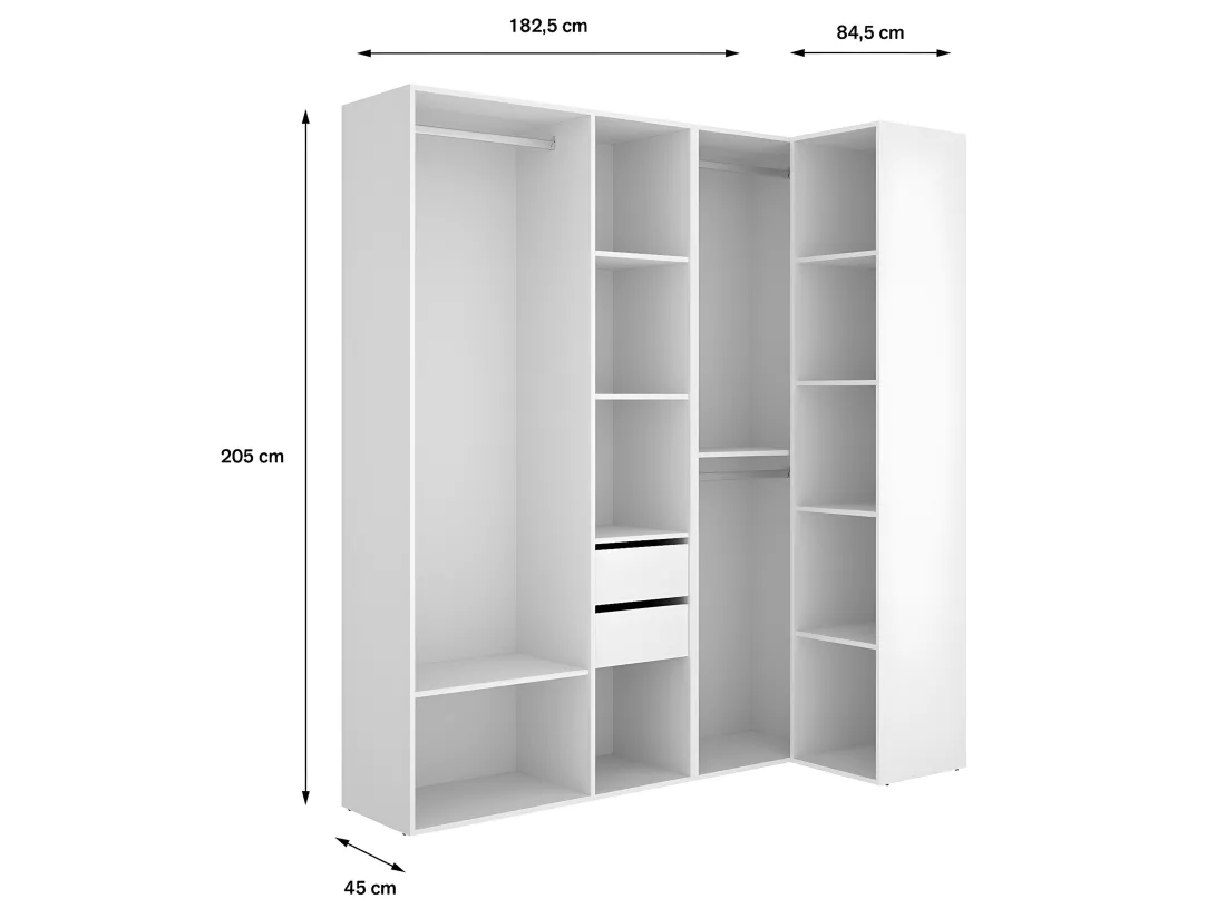 Ensemble dressing d'angle avec 2 tiroirs et fond d'arrière réversible coloris chêne naturel, blanc - Longueur 1825 x Profondeur 79 x Hauteur 205 cm
