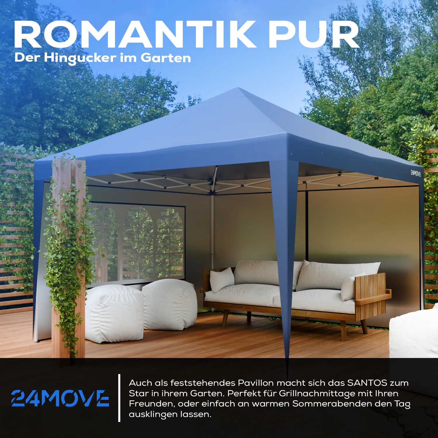 24MOVE® Pavillon Santos 3x3m Pop-Up UV-Schutz 50+ Wasserdicht & winterfest mit Tasche faltbar & stabil, für Camping & Garten Faltpavillon - Partyzelt Blaullon Faltpavillion SANTOS 3x3M Pop Up wasserdicht klappbar, blau