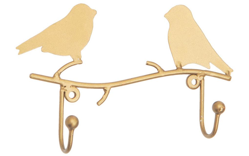 Wandhaken 2-fach, Vogel, Gold, 16 cmHaken mit Vögel auf Ast