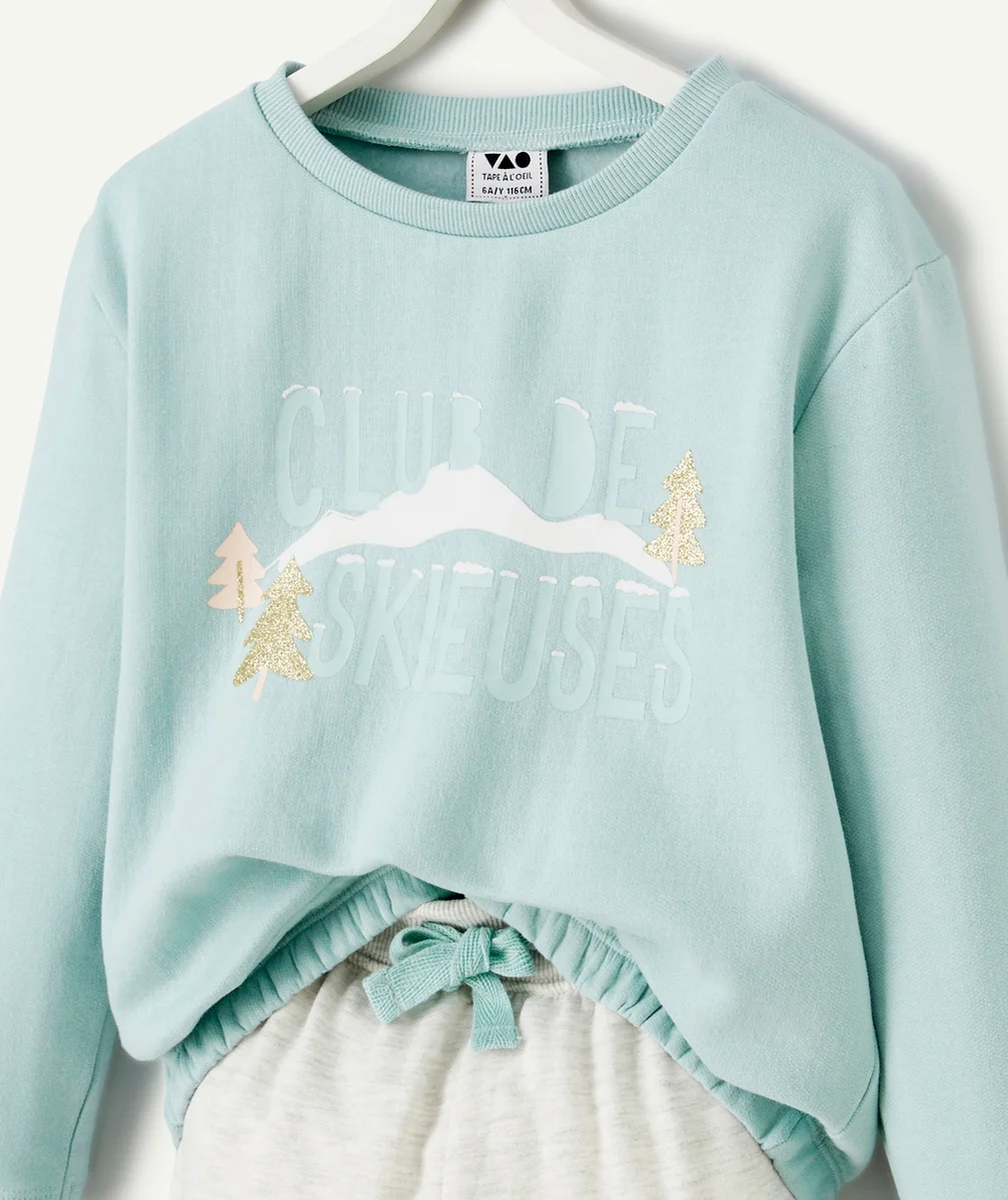 PYJAMA FILLE EN COTON BIOLOGIQUE BLEU ET GRIS AVEC MESSAGE THÈME SKI