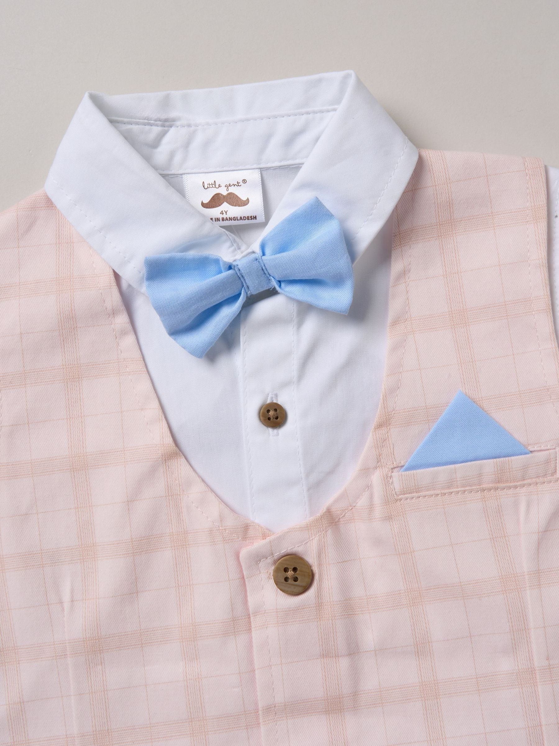 Blauw - Little Gent 100% Cotton Shirt with Mock Waistcoat Shorts and Bowtie Outfit Set