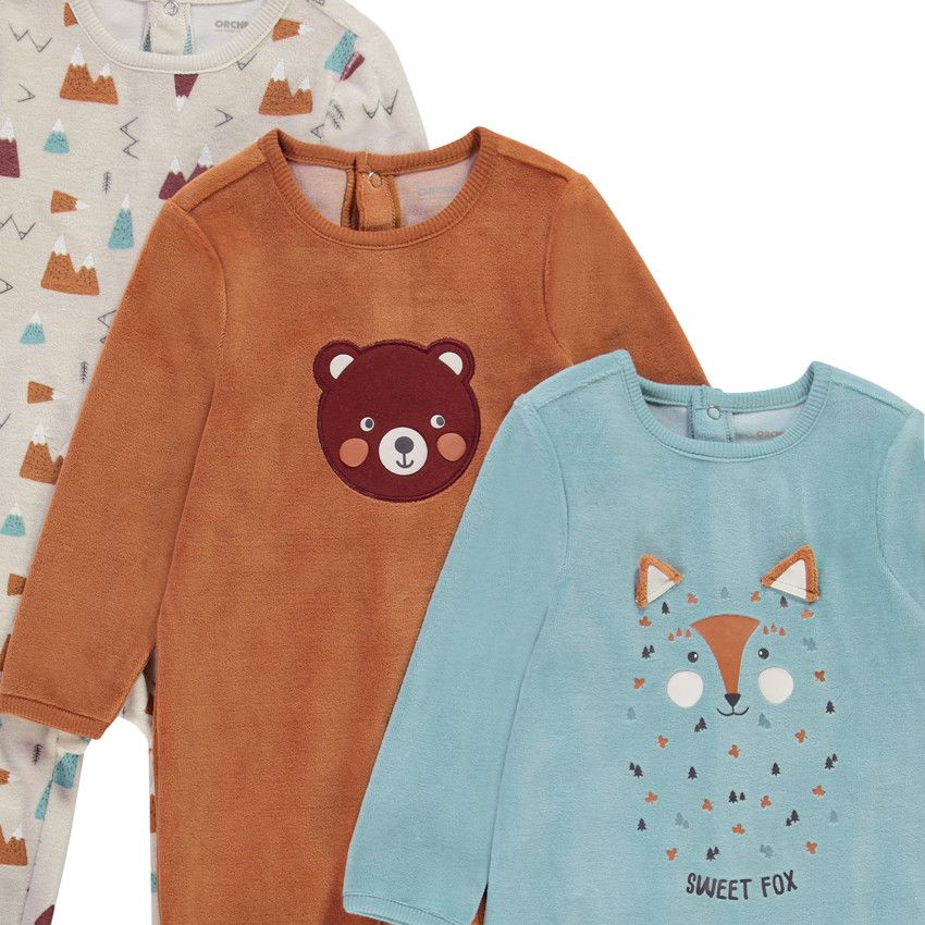 Lot de 3 dors-bien en velours print ours/renard pour bébé garçon - Vert