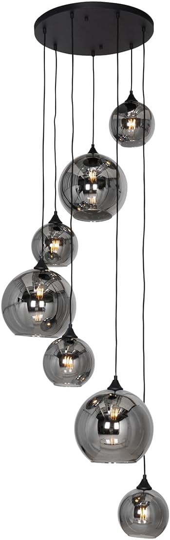 Qazqa - Art Deco Hängelampe I Pendellampe I Pendelleuchte schwarz mit Rauchglas rund 7-flammig - Sandra I Wohnzimmer - Länglich I Rund - LED geeignet E27