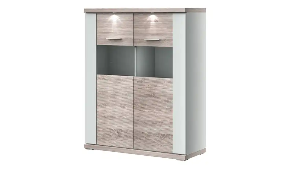 Highboard Toulon Weiß, Eiche sägerau (Nachbildung) Spotbeleuchtung