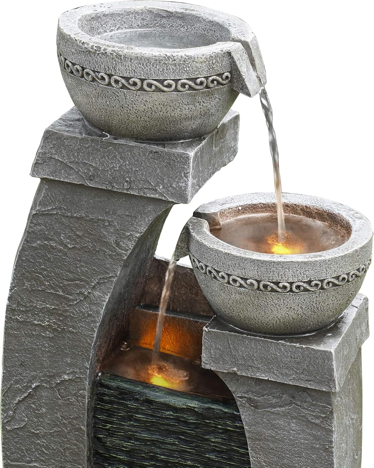 Teamson Home Garden & Outdoor Solarbetriebenes Wasserspiel mit Lichtern, kaskadierendem Springbrunnen, schiefergrauem Wasserfall-Dekor für den Innenbereich und Batterie-Backup