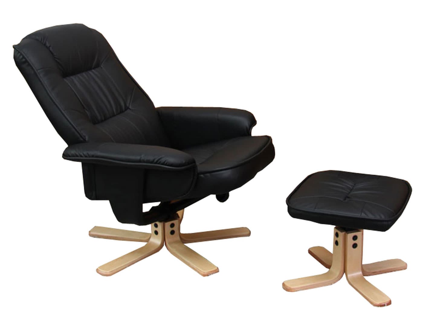 Relaxsessel H56, Fernsehsessel TV-Sessel mit Hocker Ottomane, Kunstleder Eukalyptus Holz MVG-zertifiziert ~ schwarz