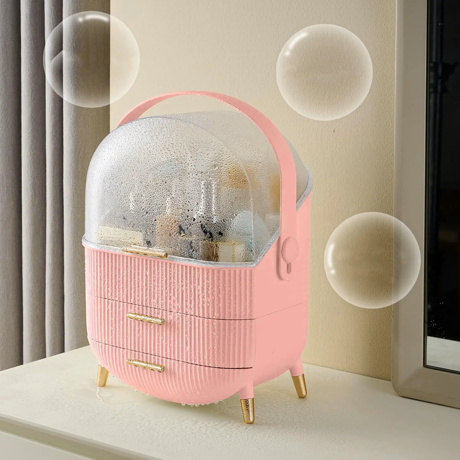 Make Up Organizer Schminktisch Kosmetik Aufbewahrung mit Deckel / Schubladen / Tragegriff - Rosa / Transparent