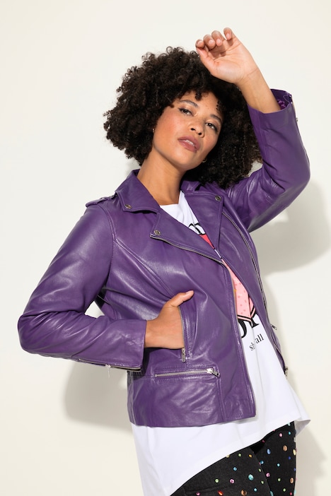 Leder-Bikerjacke, Kragen mit Druckknöpfen, Metallzipper