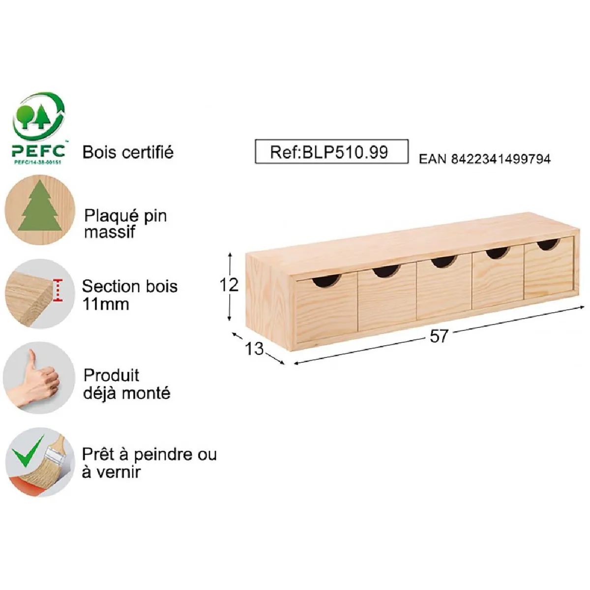 ASTIGARRAGA Mini Rangement Bloc en Pin Brut - 5 Tiroirs