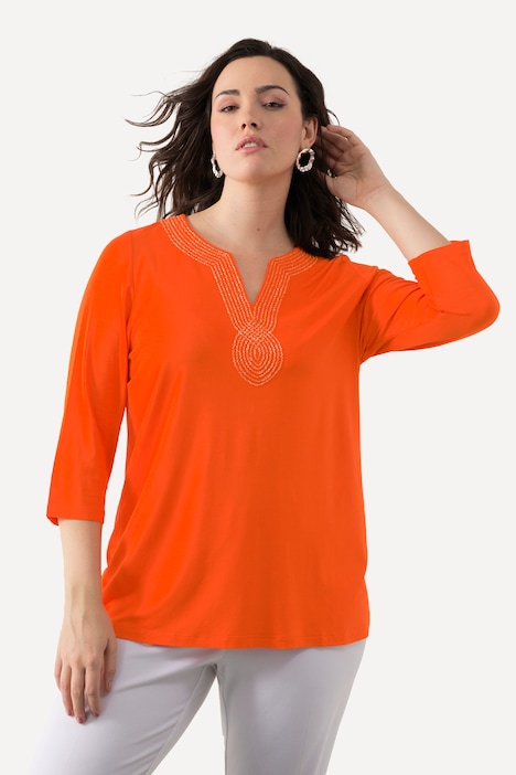 Shirt, Stickerei, Tunika-Ausschnitt, 3/4-Arm