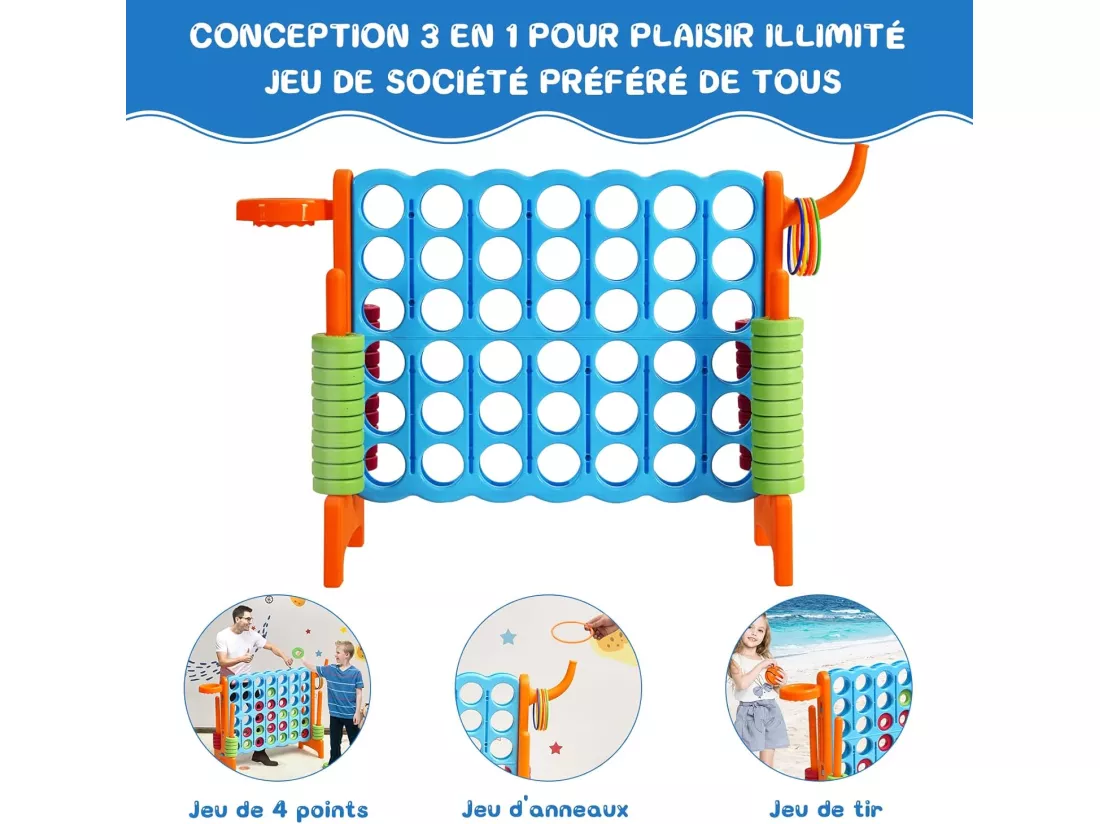 Jeux Puissance 4 Géant 3 en 1 avec Panier de Basket-ball 2 Leviers à Dégagement au Côté 42 Anneaux pour Enfants Orange