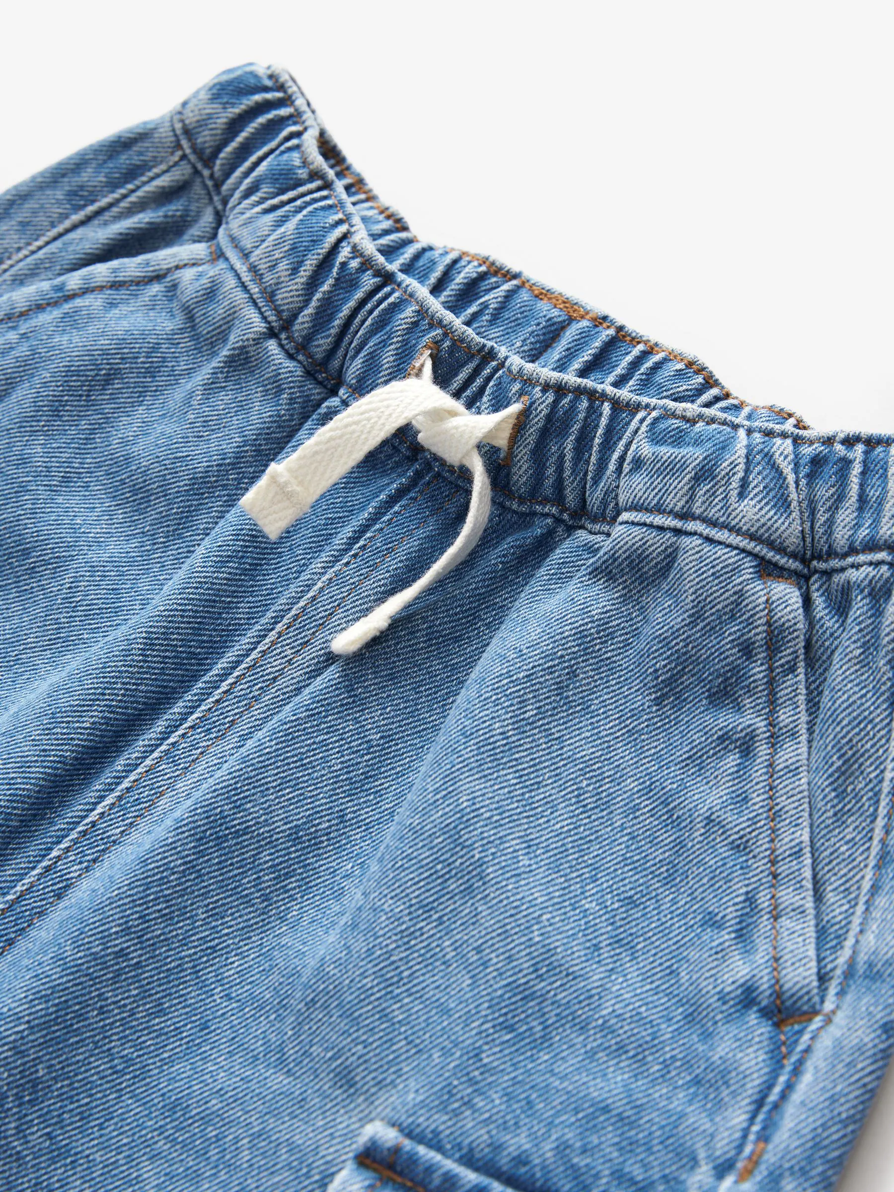Middenblauw denim - 100% katoenen cargobroek met wijde pijpen en elastische taille (3mnd-7jr)