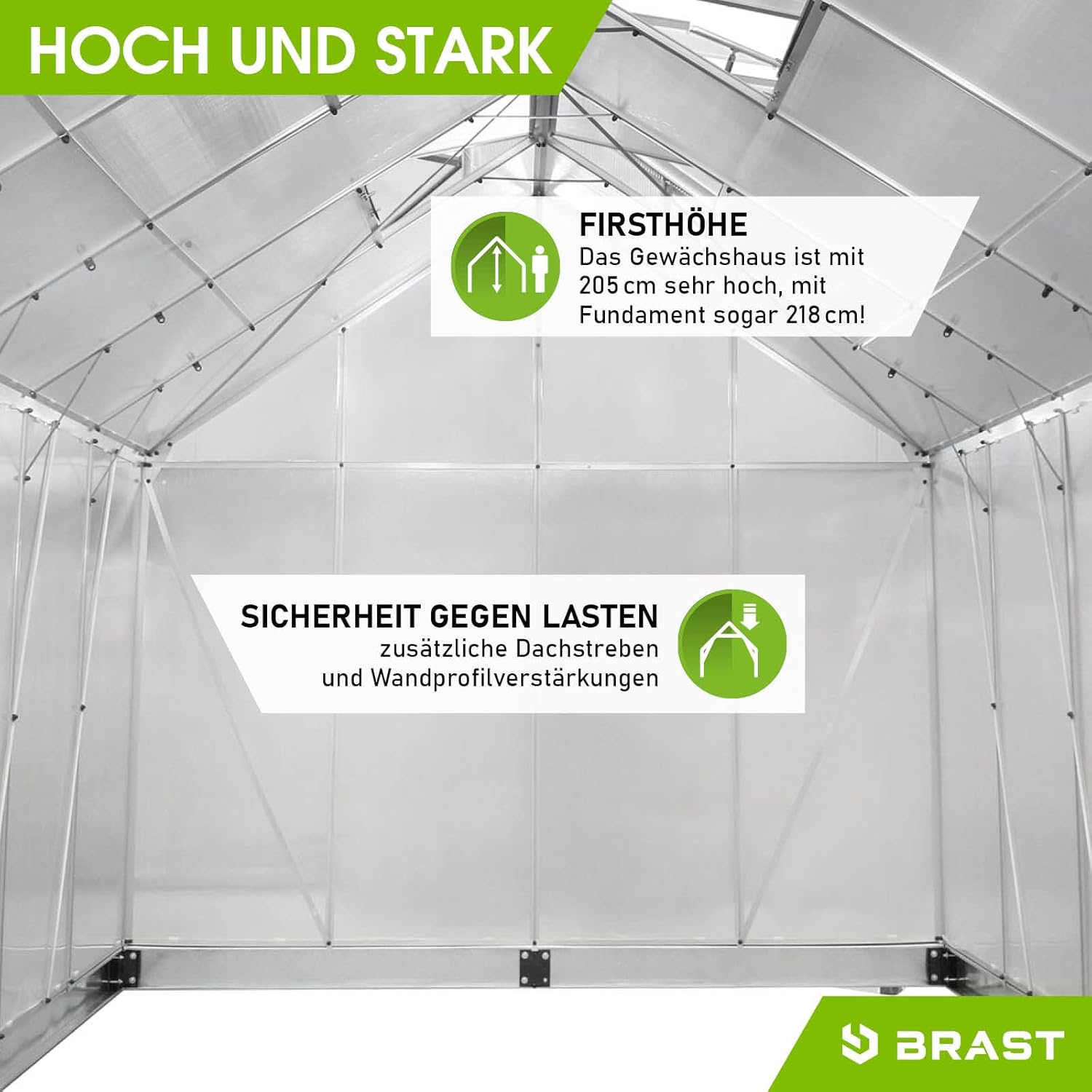 BRAST Gewächshaus Aluminium mit Fundament | 42 Modelle | 130x190x195cm - 490x250x235cm | TÜV geprüft | 6mm Hohlkammerplatten | rostfrei wetterfest temperaturbeständig | 310x250x205cm Silber