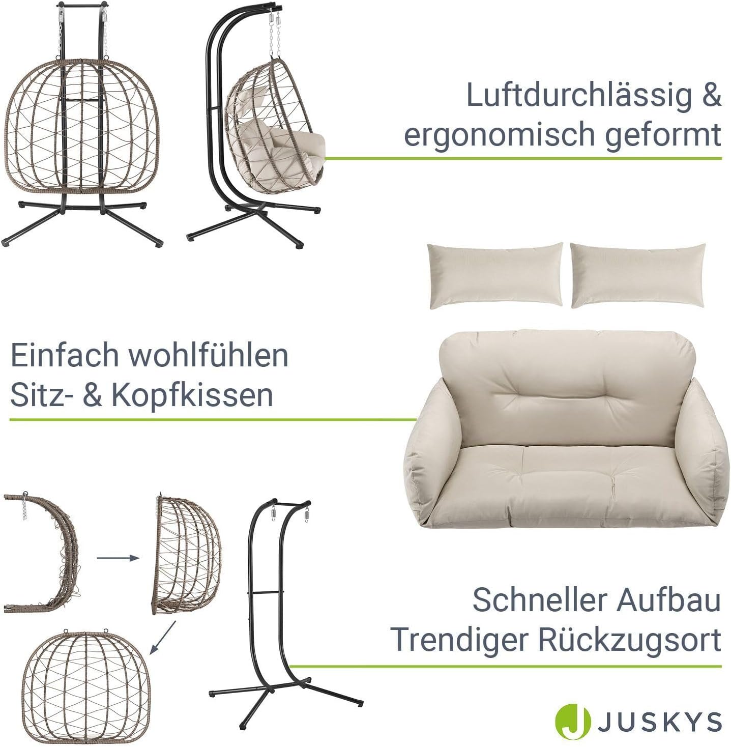 Juskys® Doppelhängesessel Aria - Polyrattan Hängesessel mit Gestell & Kissen - Schaukel für Zwei Personen - Outdoor Indoor Sessel - XXL Korb Beige