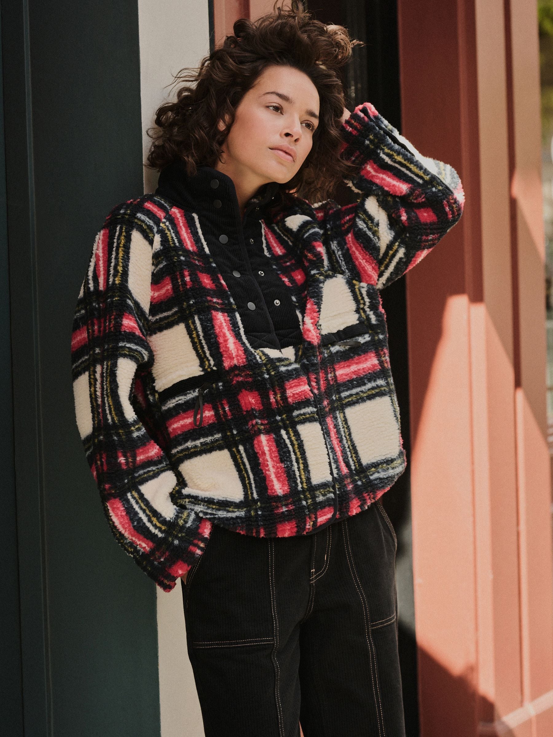 Zwart/Wit/Rood Ruit - Behaaglijke teddy Borg mixgeweven fleece Jack met Knoopsluiting