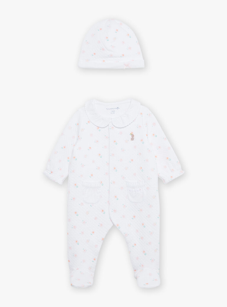 Grenouillère et bonnet de naissance blanc à imprimé à fleurs