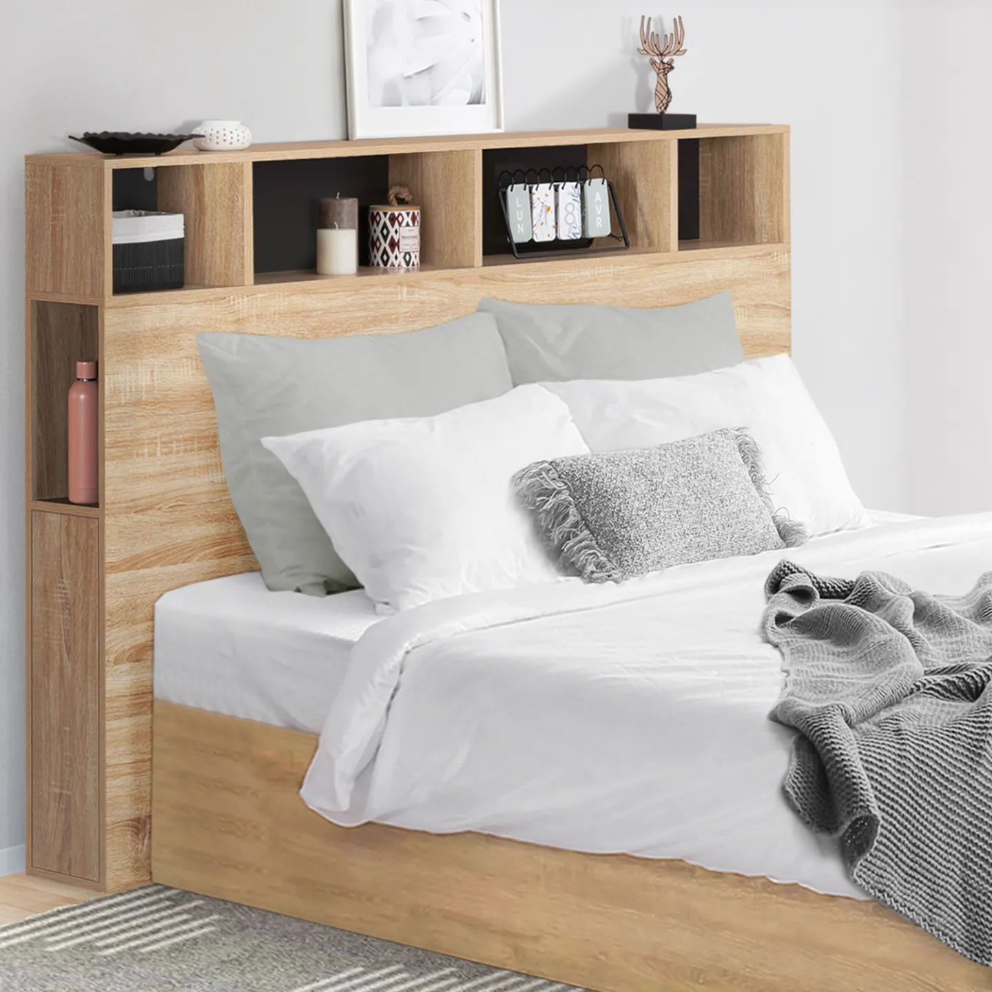 Tête de lit sur pied CLEO 145 cm avec rangements fermés et niches façon hêtre et noir