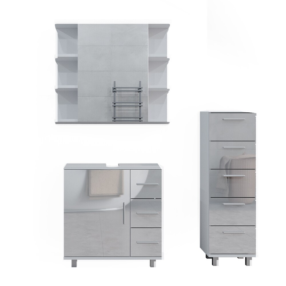 Vicco Badmöbelset Ilias Weiß Hochglanz modern Badezimmer Schrank Badschrank Waschtischunterschrank Spiegelschrank Midischrank Schranktür Schrankschublade Schrankfach Ablage Aufbewahrung