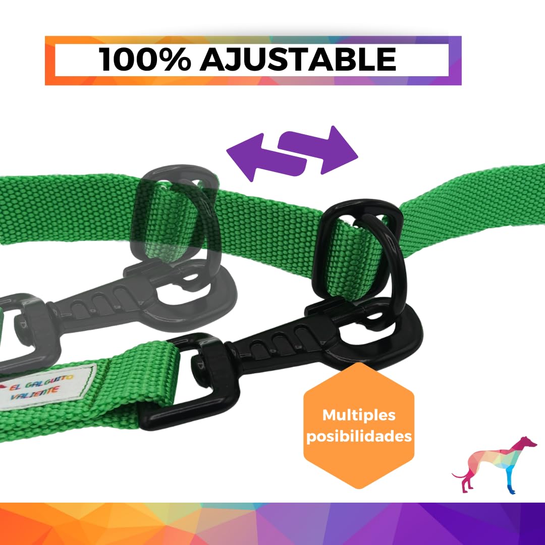 Guia para cães EGV com múltiplas posições e alça dupla de neoprene. Guia para cães que permite o uso com as mãos livres, 2,5 metros de comprimento. (Verde)