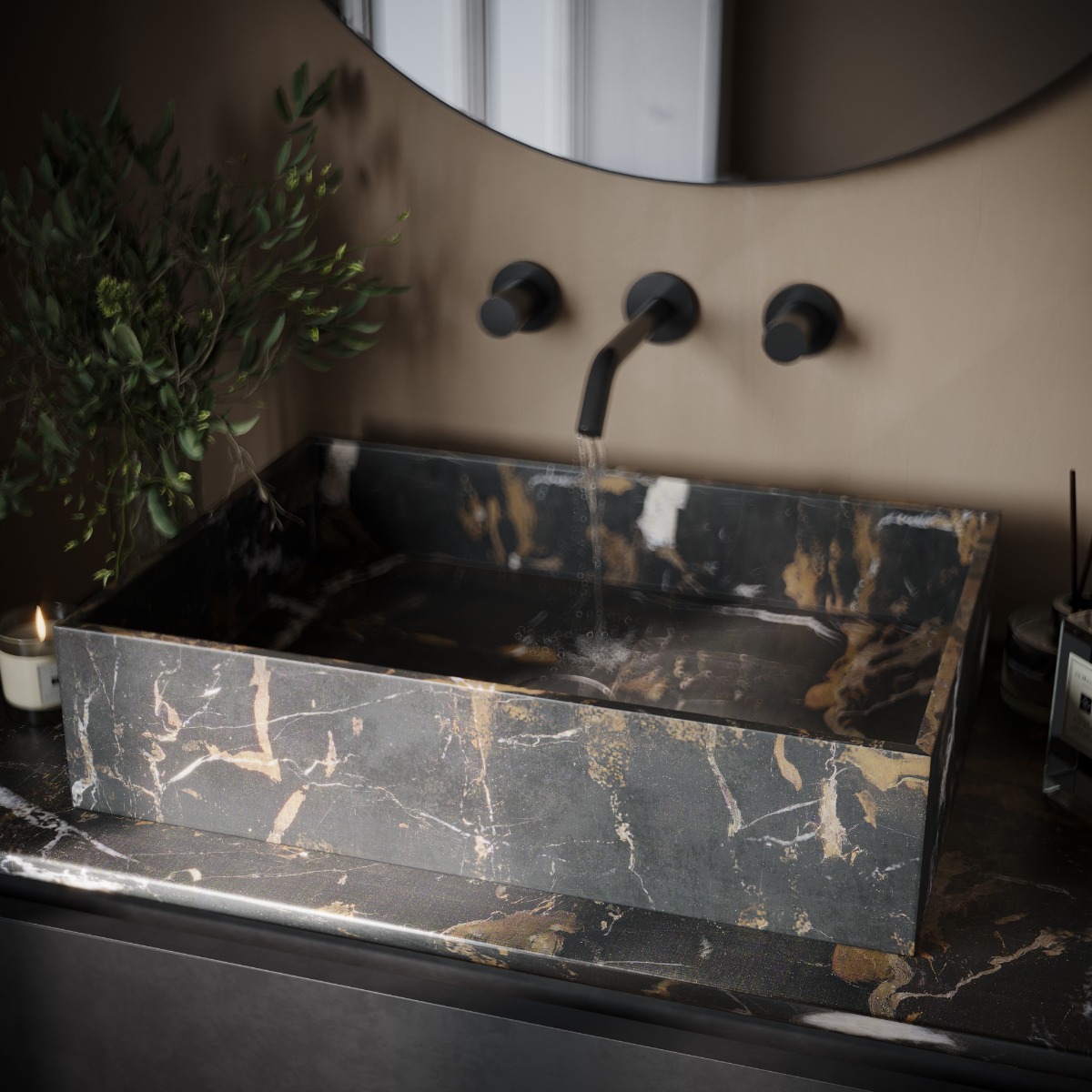 Fontana Portoro Gold marmer walnoot wastafelmeubel 160cm met toppaneel en rechthoekige waskommen