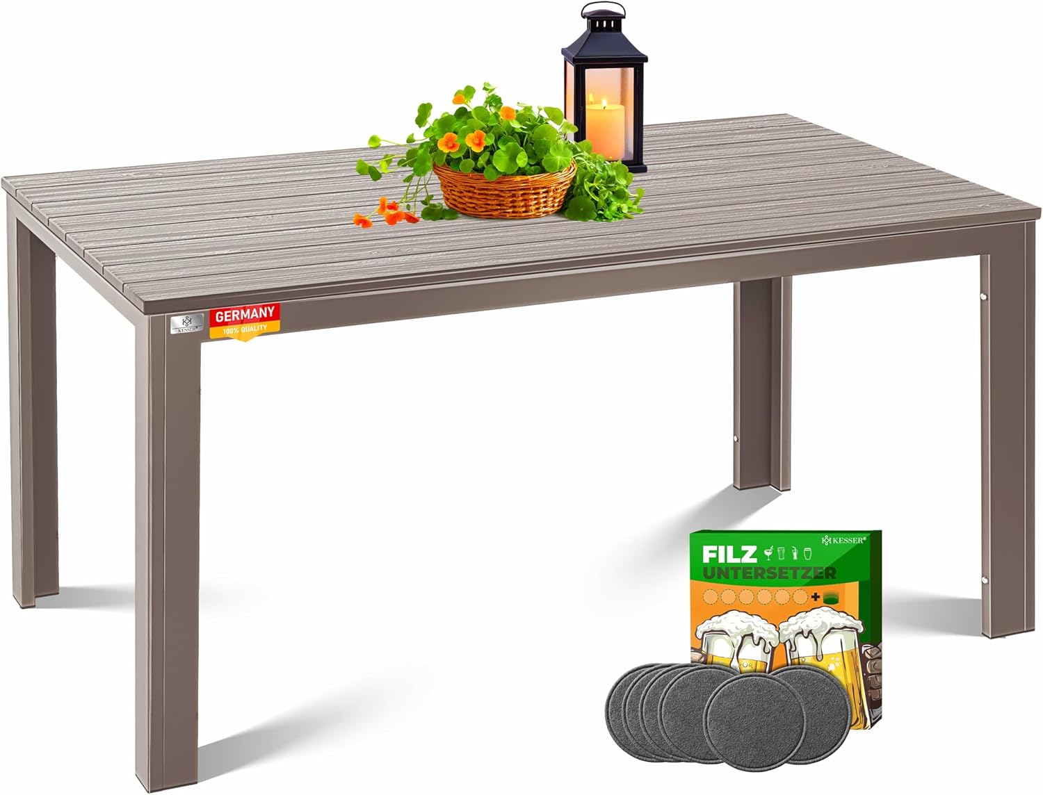 KESSER® Gartentisch 156x78cm für bis 6 Personen Esstisch Wetterfest & UV-Beständig | Outdoor Tisch mit pulverbeschichteter Stahl-Gestell & Kunststoff Tischplatte in Holz-Optik inkl. 6 Filz-Untersetzer