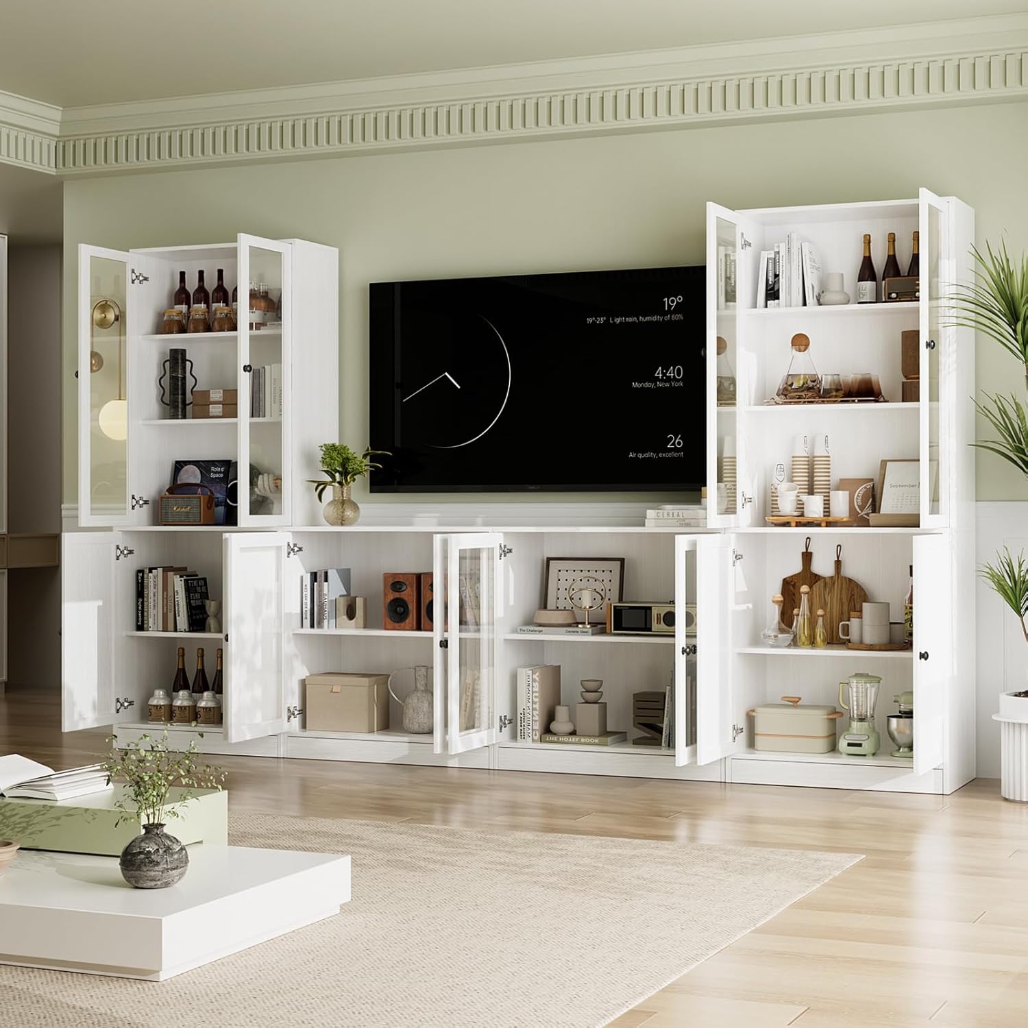 VOWNER 4PSC Großer TV-Schrank mit Bücherregalen für Fernseher bis zu 70 Zoll, 280 cm Long tv Ständer mit gehärteten Glastüren und Einlegeböden, fernsehschrank für Wohnzimmer, 2B+2D (Weiß)