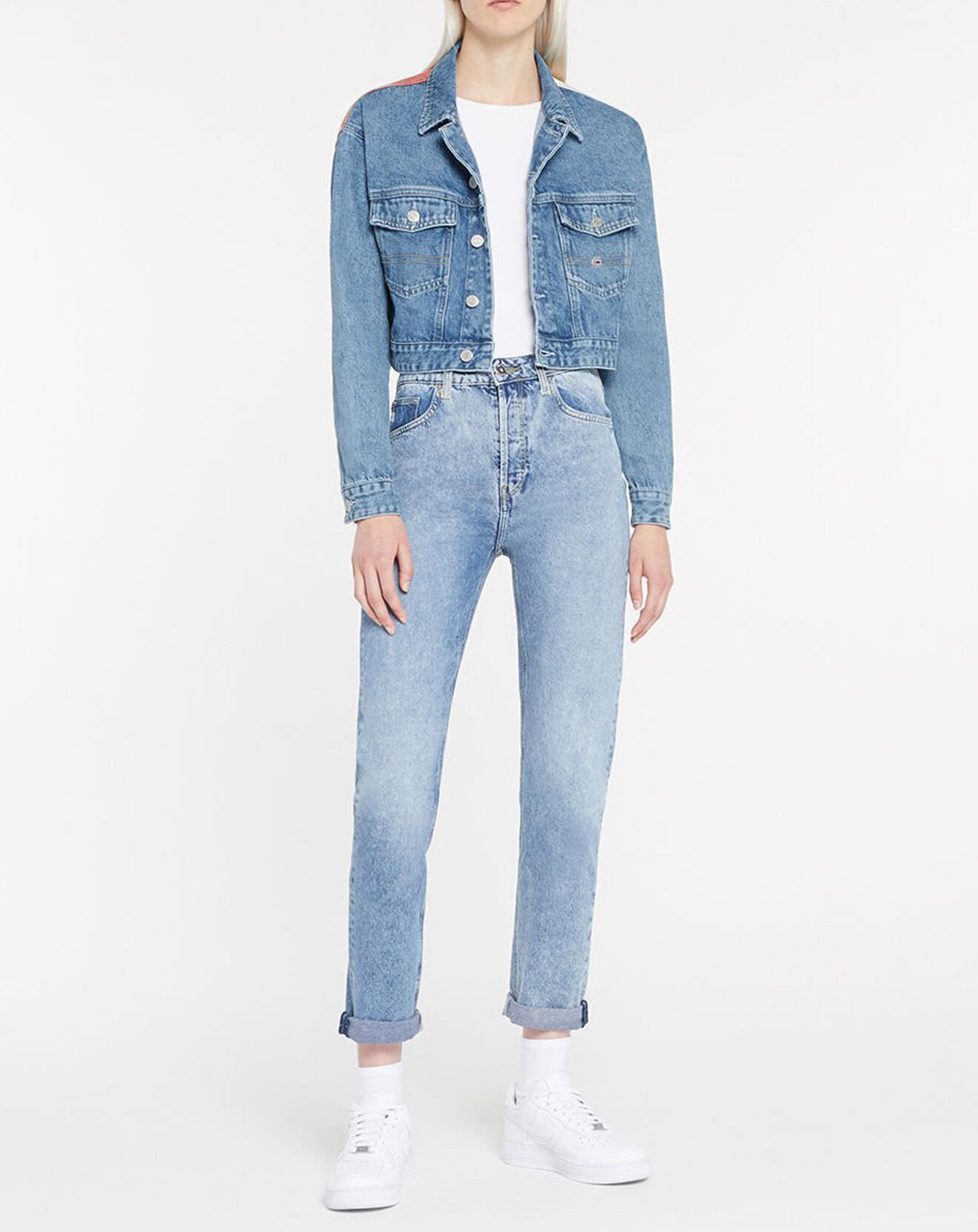 Tommy Jeans Veste en Jean Crop Trucker bleue