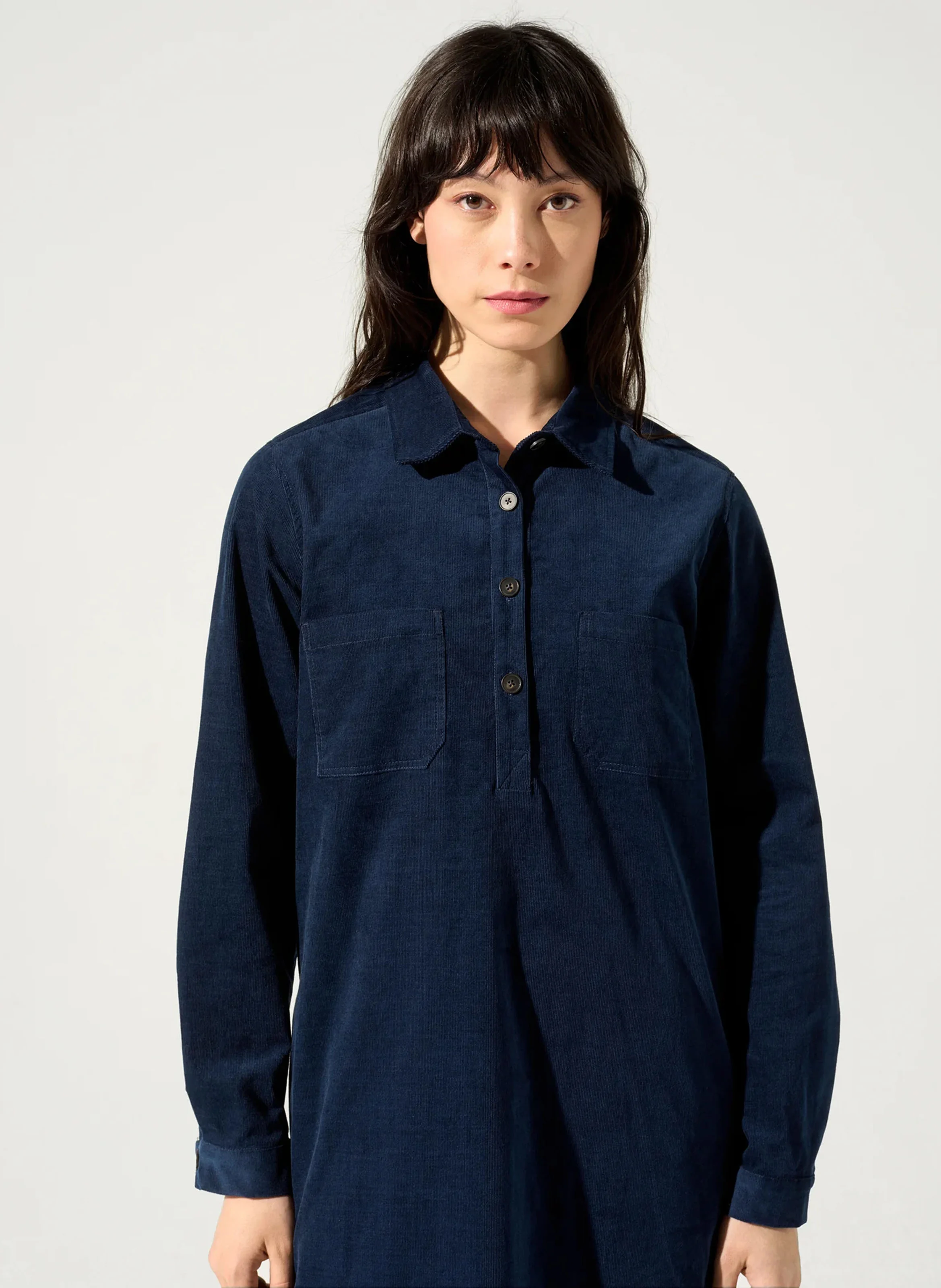 MILA - Robe droite col chemise en coton mélangé | Bleu
