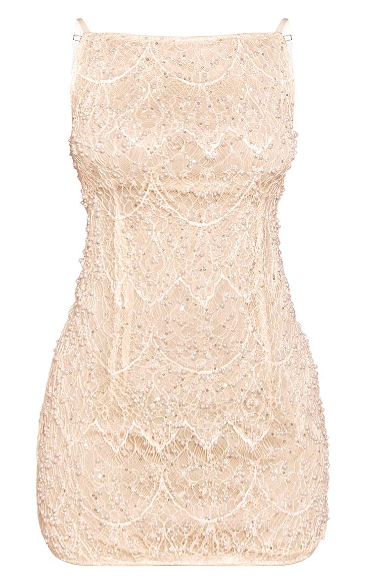 Crème Robe Mini Moulante En Dentelle Perlée Petite Taille Avec Dos Échancré Et Bretelles Croisées