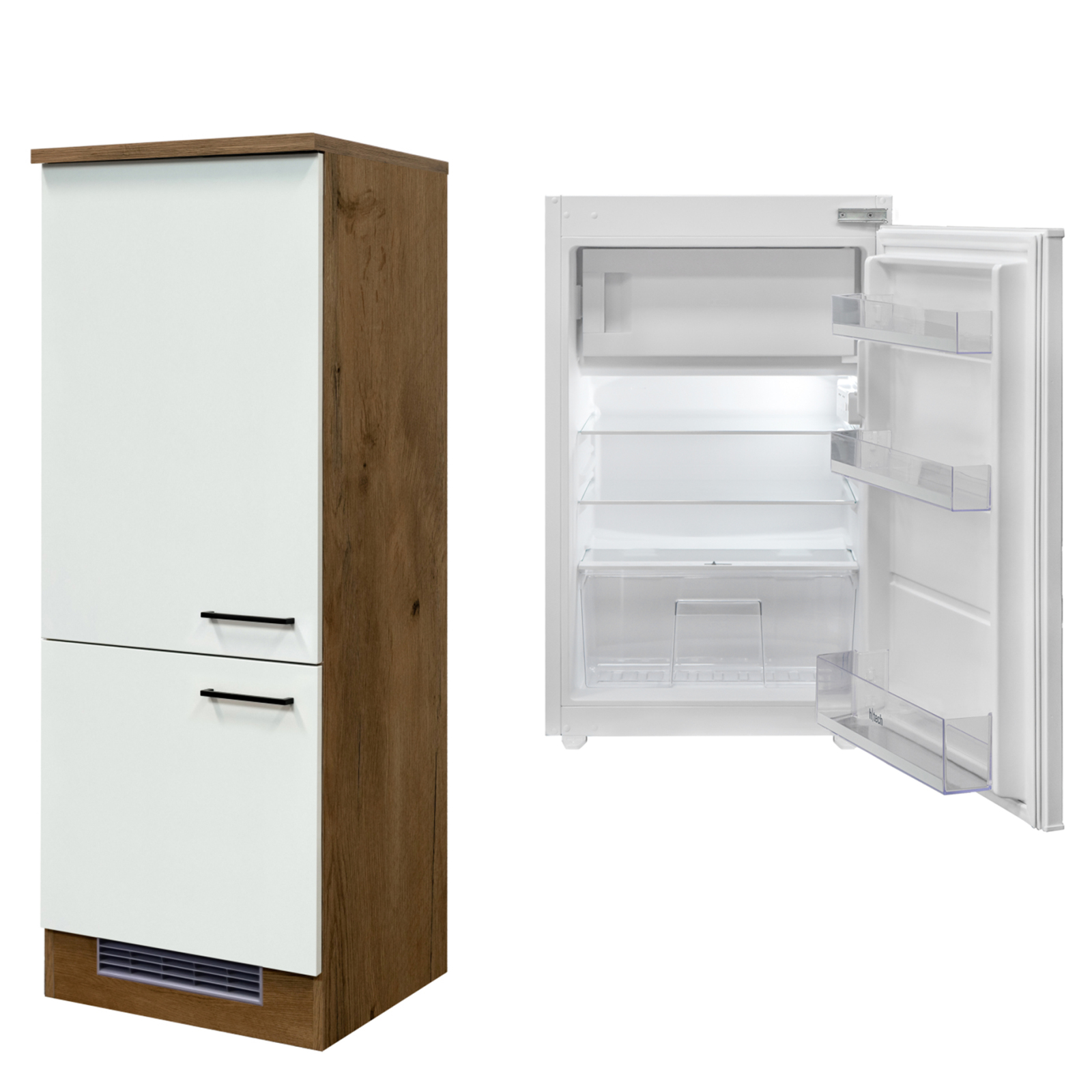 Demi-Umbauschrank VINTEA - Magnolia matt - Lancelot Oak - mit Kühlschrank