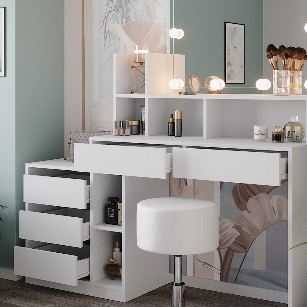 Vicco Schminktisch Anja 139,8 x 115 cm Weiß Spiegel Hocker LED Frisiertisch