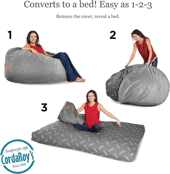 CordaRoy's Chenille Bean Bag Chair, Convertible Chair Folds from Bean Bag to Lounger, As Seen on Shark Tank, Charcoal - Full Size