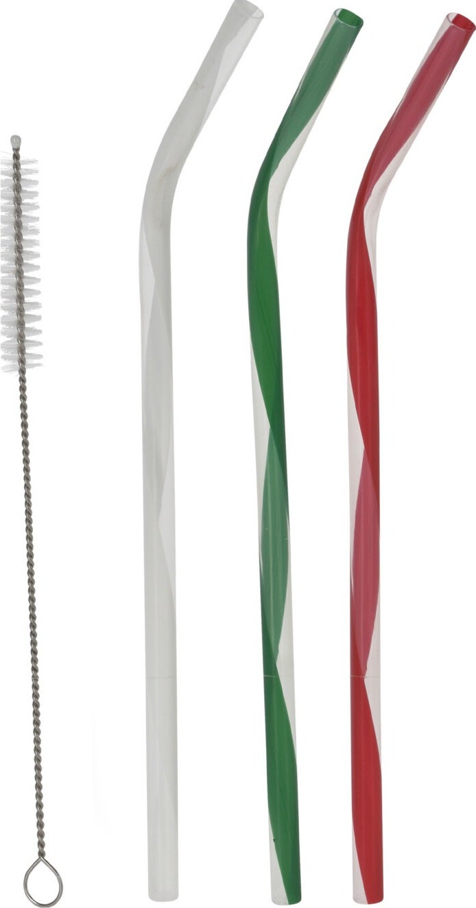 Herbruikbare rietjes set groen / wit / rood 7-delig