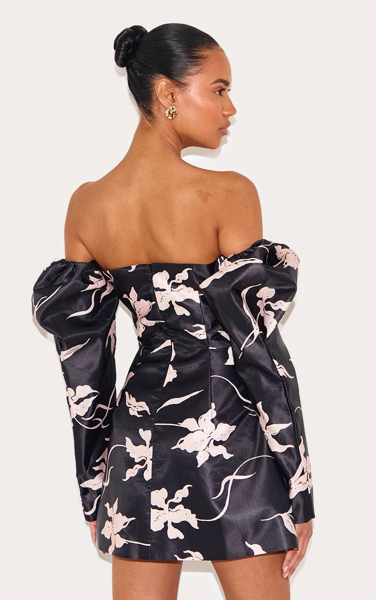 Noir Robe Trapèze Ample À Imprimé Fleuri Et Manches Bouffantes