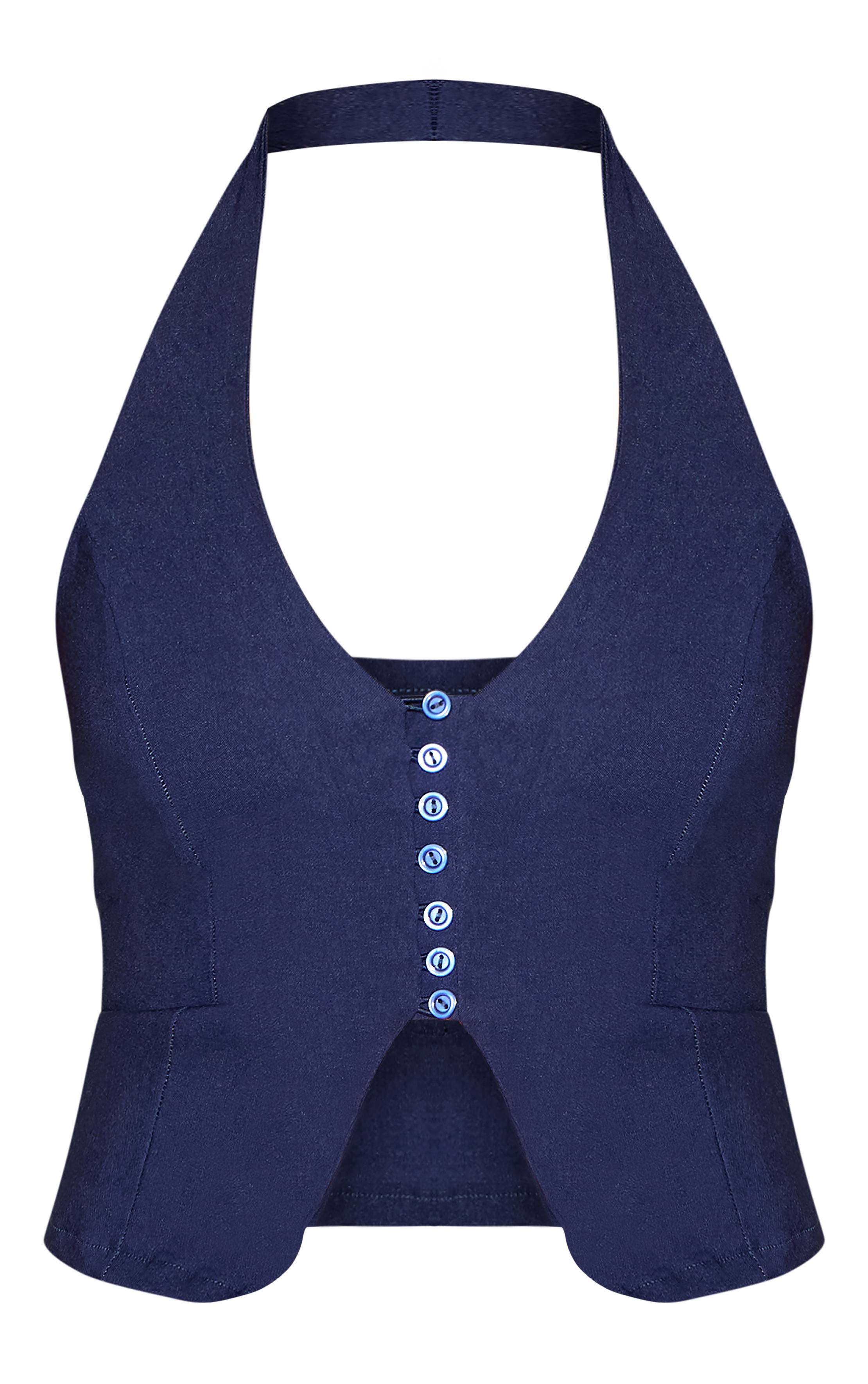 Bleu Marine Top Long Col Licou À Boutons En Bengaline