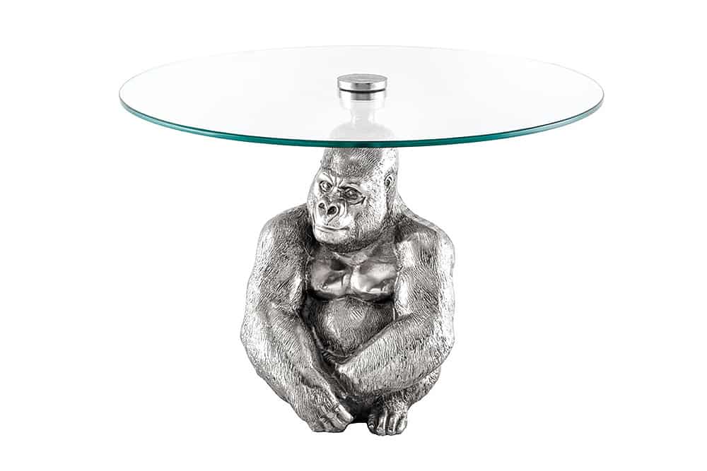Runder Couchtisch WILDLIFE KONG 60cm silber Metall Glas Affenfigur Gorilla Skulptur handmade