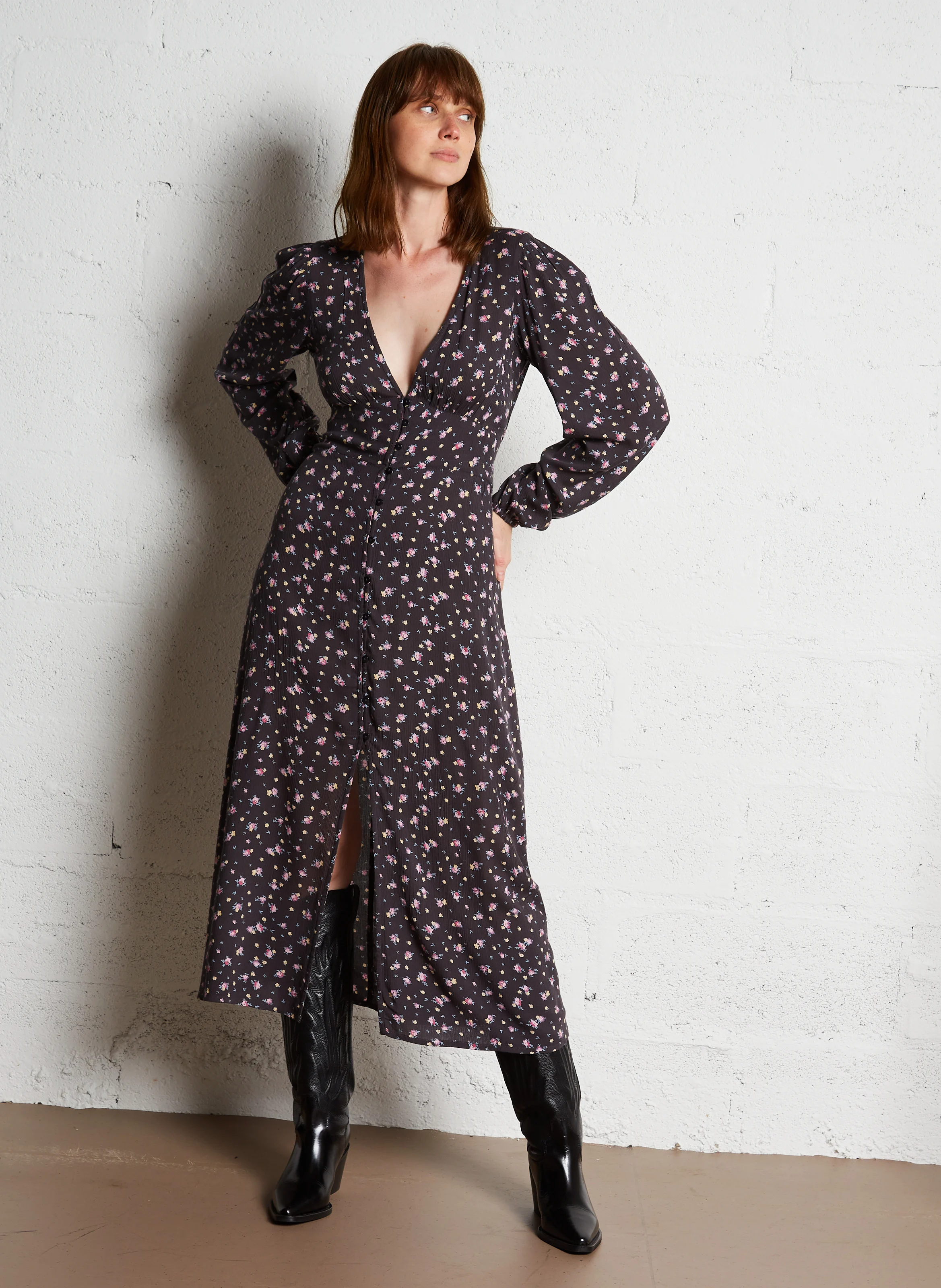 COOL NIGHT - Robe longue droite à col V | Noir