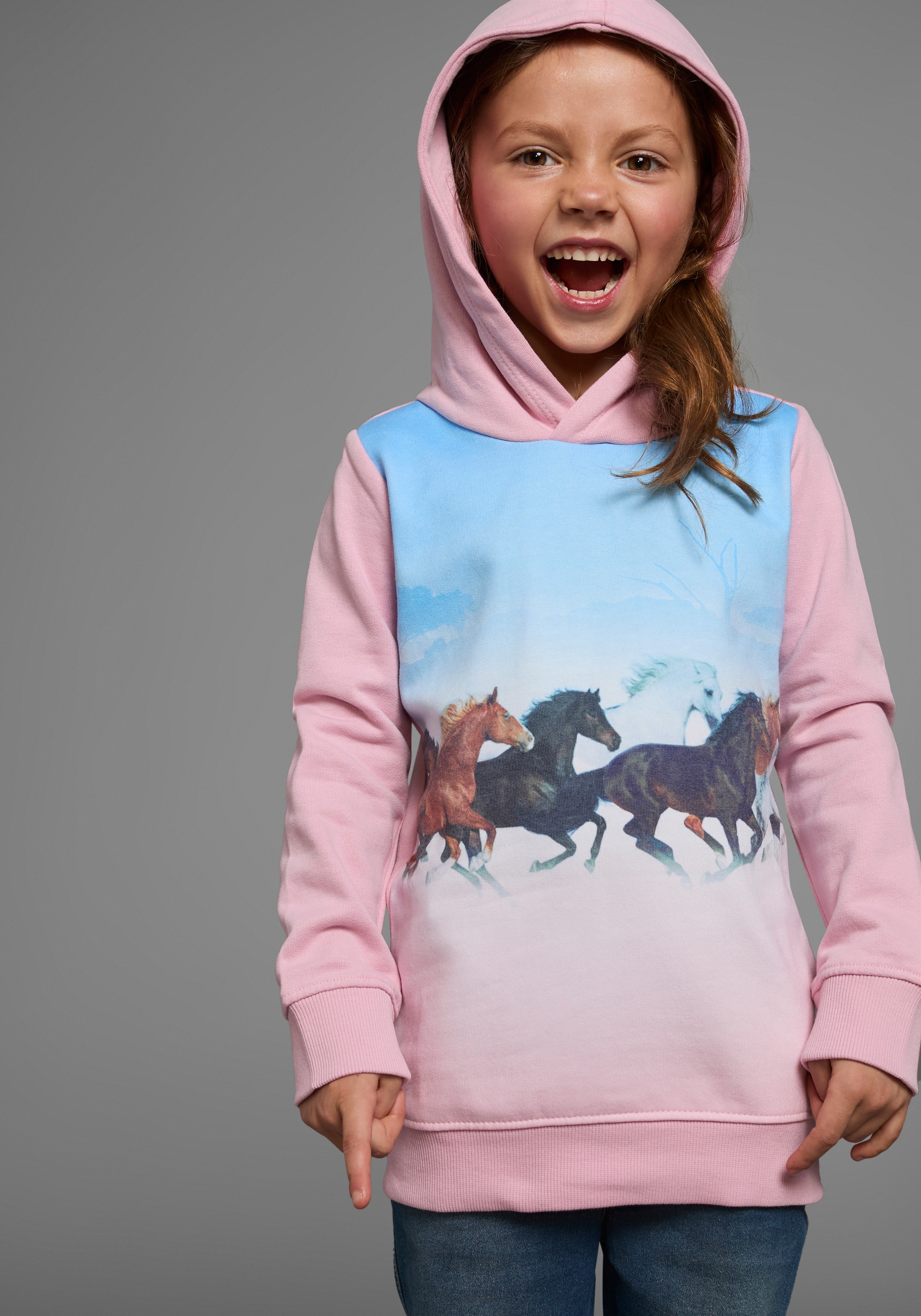 KIDSWORLD Longsweatshirt »für kleine Mädchen«, Langarm,  bedruckt,  mit Kapuze,  aus angerauter Sweatware
