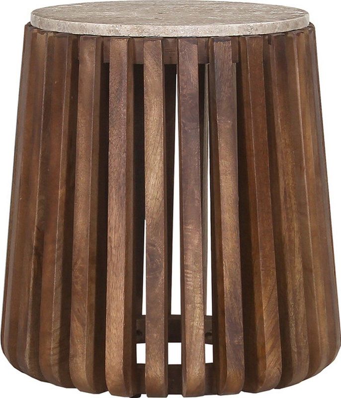 Luuk - Bijzettafel - Rond - Mango Hout - Travertin - Beige