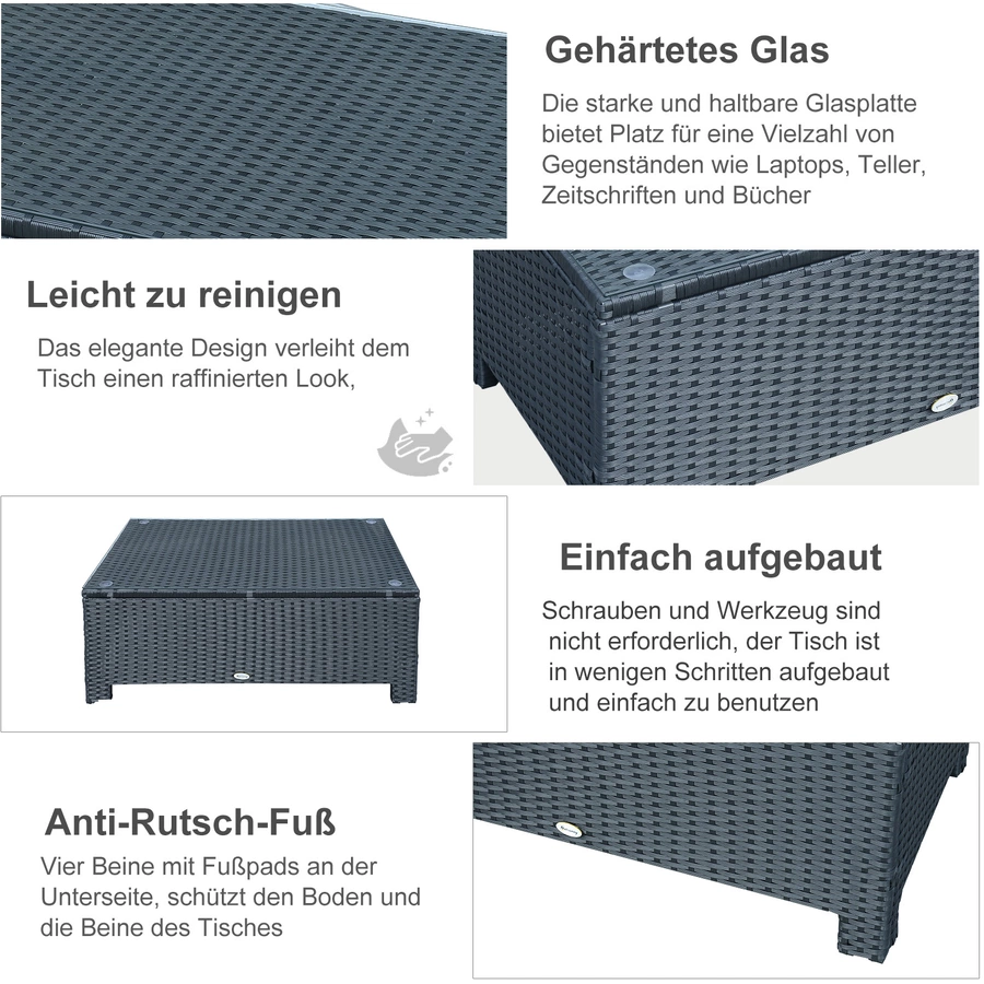 Outsunny Beistelltisch mit Glasplatte schwarz