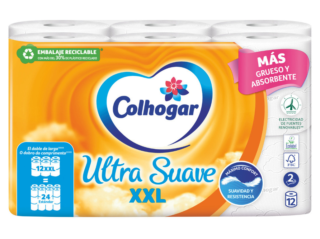 PAPEL COLHOGAR HIGIÉNICO ULTRA SUAVE XXL 12ROLOS=24ROLOS