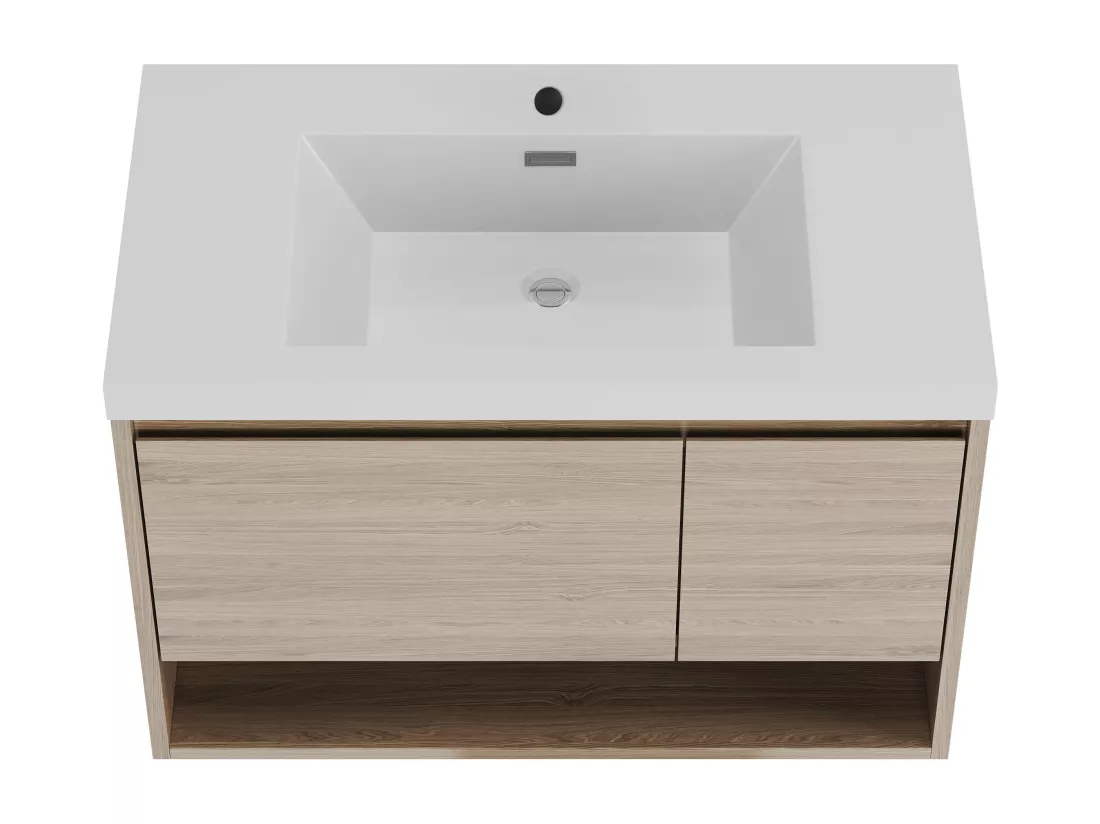 Meuble de salle de bain suspendu simple vasque coloris naturel clair - 90 cm - PUJUKA