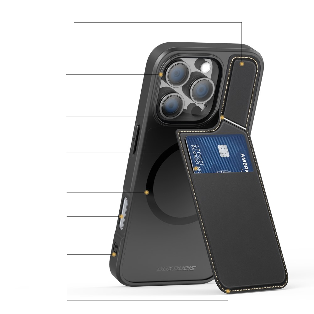 iPhone 16 Pro MagSafe Hybrid Leder Hülle mit Kartenfach   Kickstand Aufsteller (RFID Schutz) - Schwarz