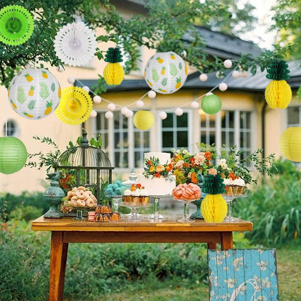 (10-tlg. Set) Ananas Sommer Party Accessoire Hawaii Lampions Deko Pompon's Rosetten - Gelb / Grün