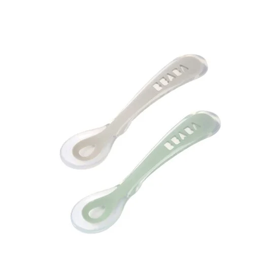 Lot de 2 Cuillères 2ème âge en silicone + boite de transport   gris/vert        de               Béaba