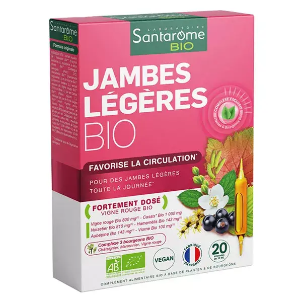 Santarome Bio - Jambes Légères Bio - Favorise la circulation - 20 ampoules