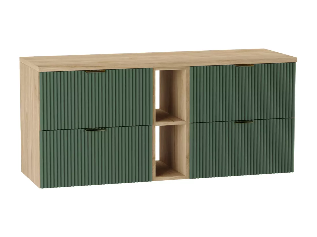 Meuble lavabo WENA, avec étagère, façades cannelées, Willy, 140x60x47 cm, Vert/Noyer