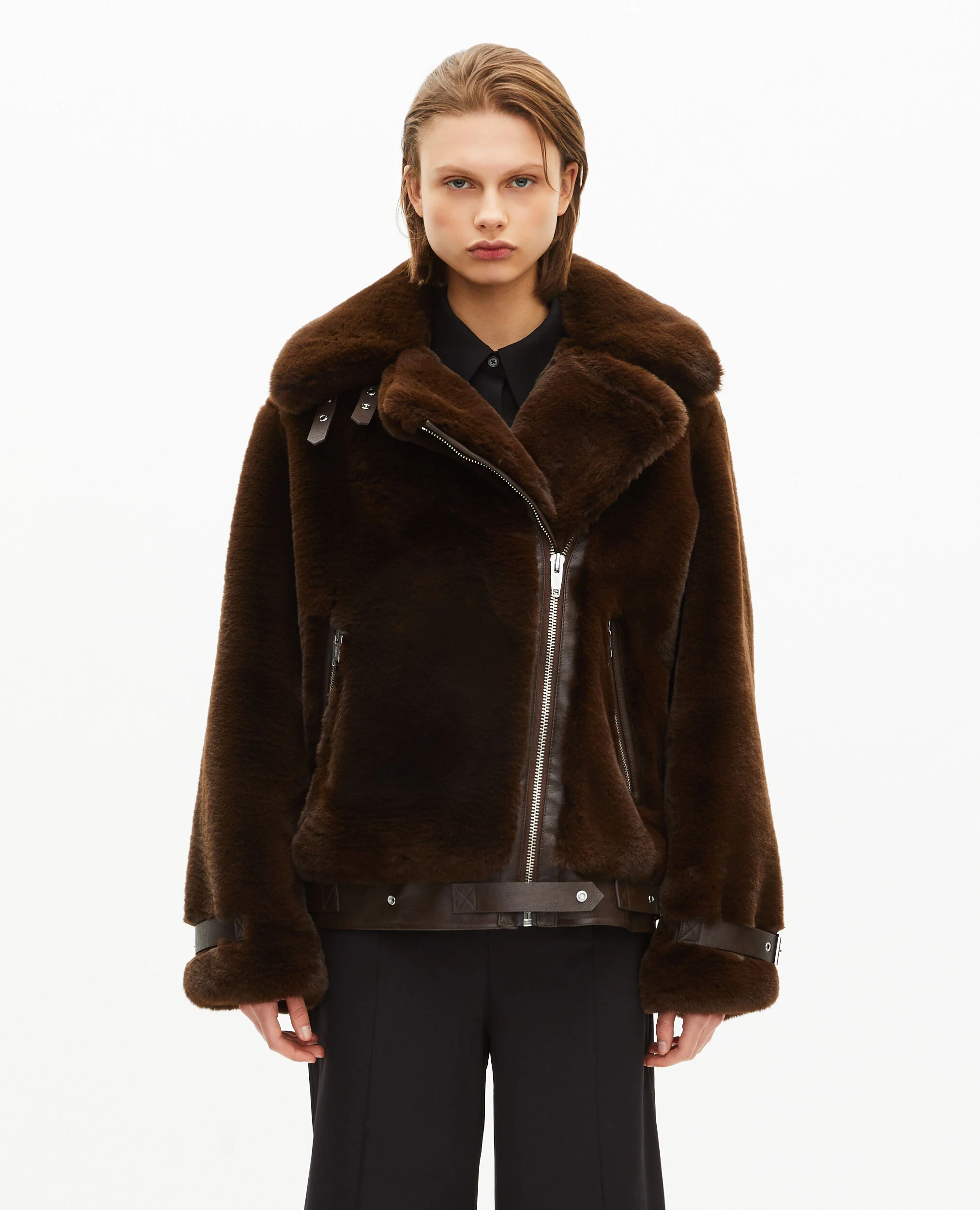 Blouson aviateur effet fourrure marron