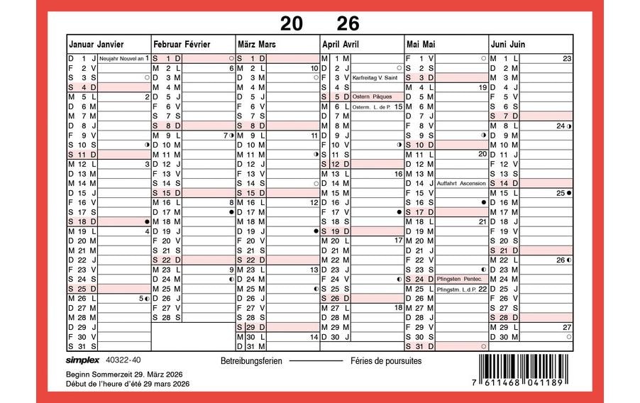 Kalender ohne Namenstage A6 Querformat, 2026Wandkalender