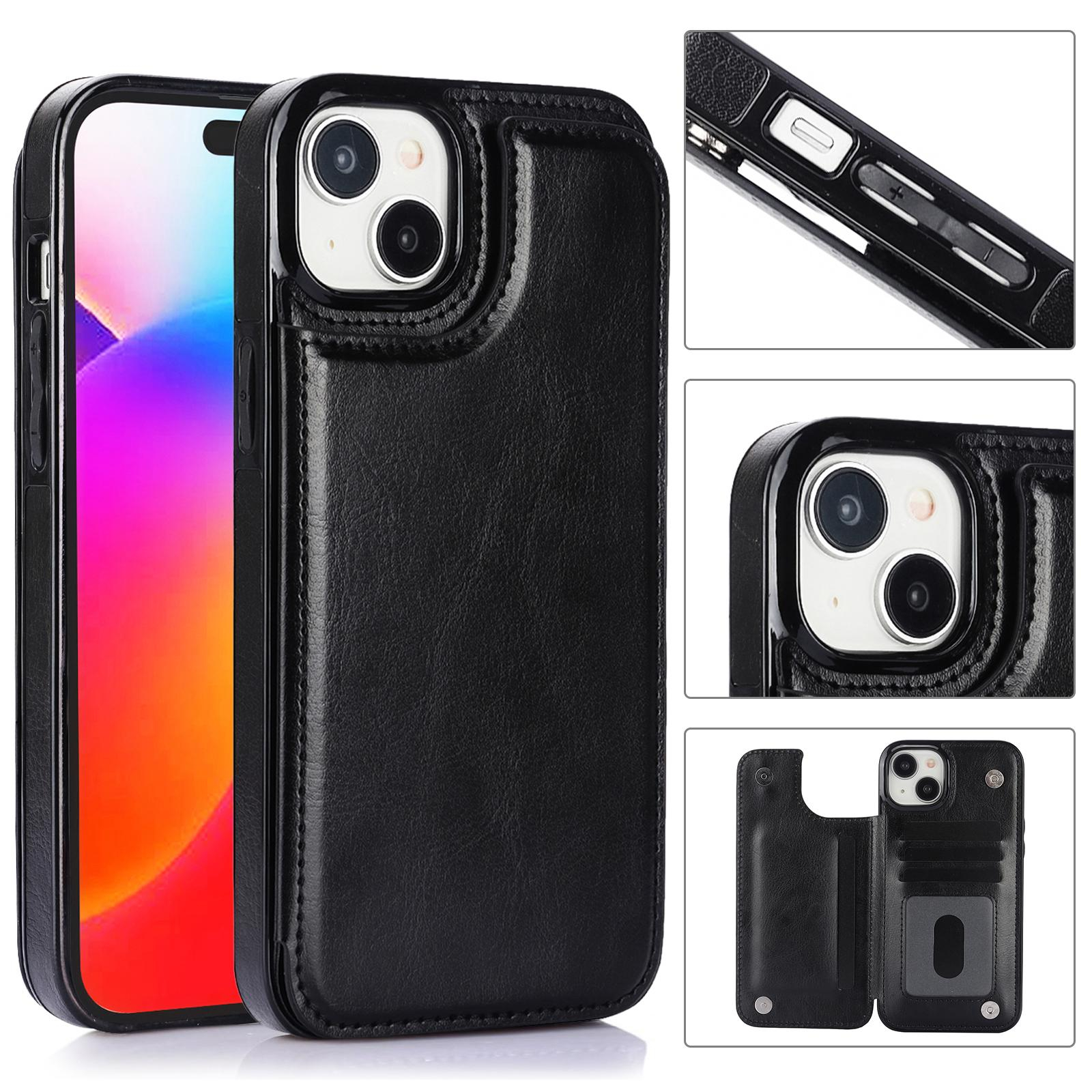 iPhone 15 Hybrid Leder Hülle mit Kartenfach   Kickstand Aufsteller - Schwarz